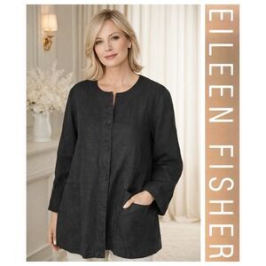 Eileen Fisher Black 100% Irish Linen Button Down Shirt Jacket Quiet Luxury L